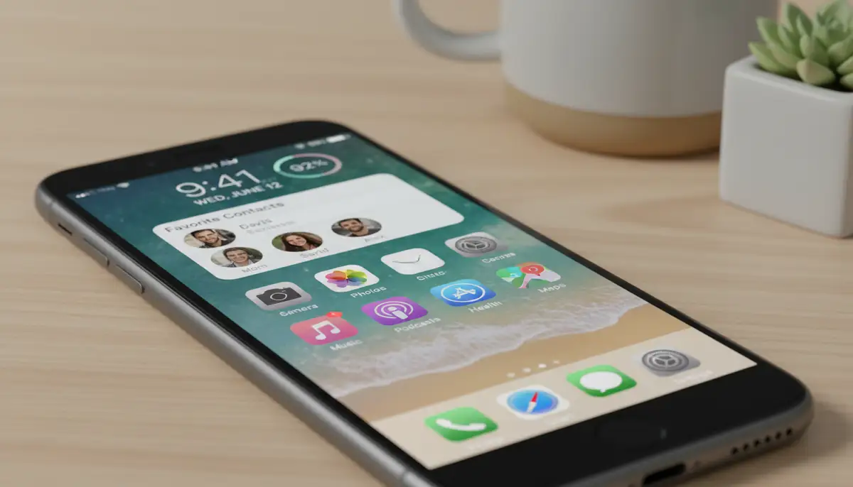 An aesthetically pleasing and functional iPhone 8 Home Screen, neatly arranged with a mix of essential widgets (e.g., battery, clock, favorite contacts) and app icons, showcasing a well-optimized layout., high-quality photography, professional lighting, sharp focus, realistic, detailed