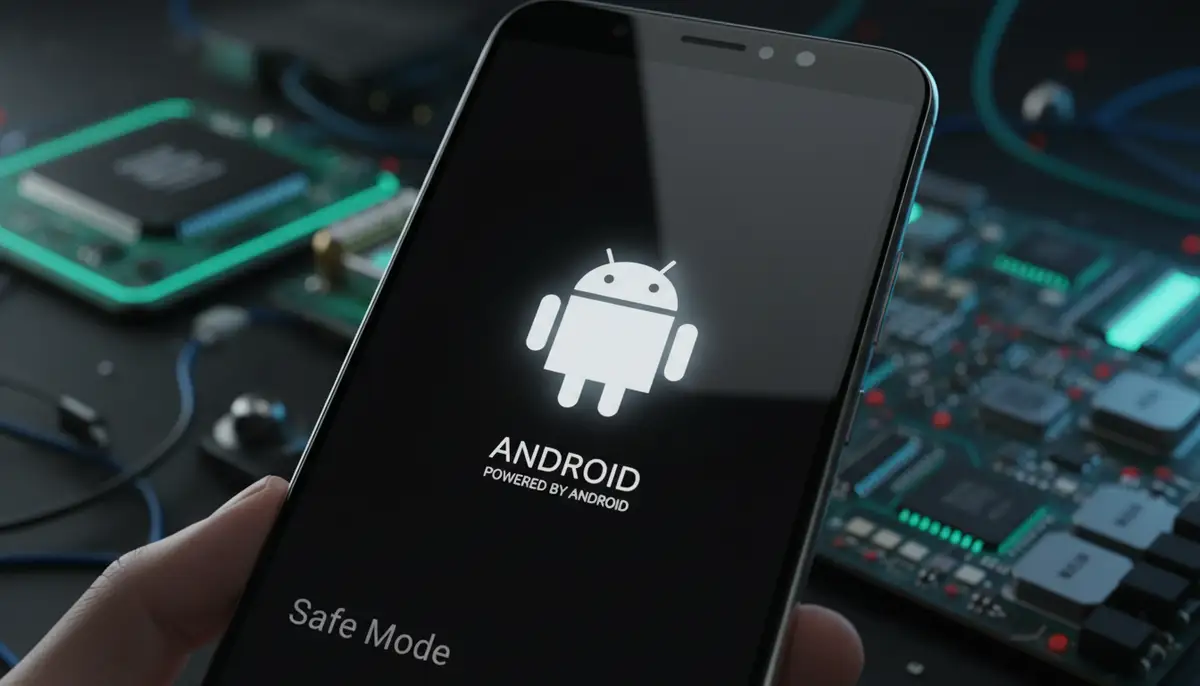 An Android phone booting into safe mode, showing a subtle 'Safe Mode' watermark, against a tech background., high-quality photography, professional lighting, sharp focus, realistic, detailed