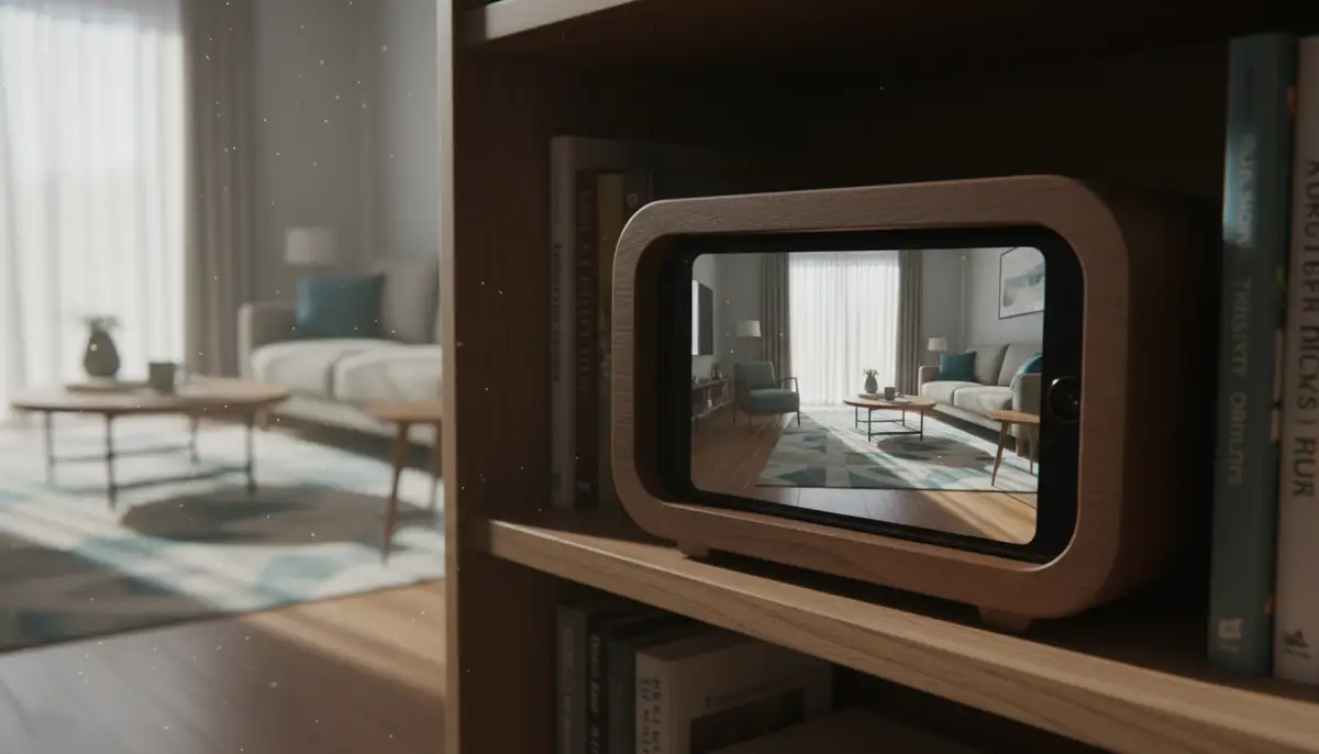 An Android phone mounted discreetly in a living room, acting as a security camera, capturing a clear image of the room., high-quality photography, professional lighting, sharp focus, realistic, detailed