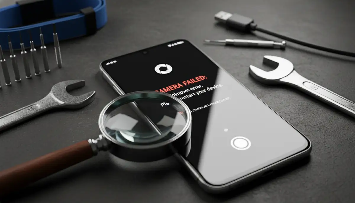 An Android phone screen displaying a camera app with an error message, surrounded by troubleshooting tools like a magnifying glass and a wrench., high-quality photography, professional lighting, sharp focus, realistic, detailed