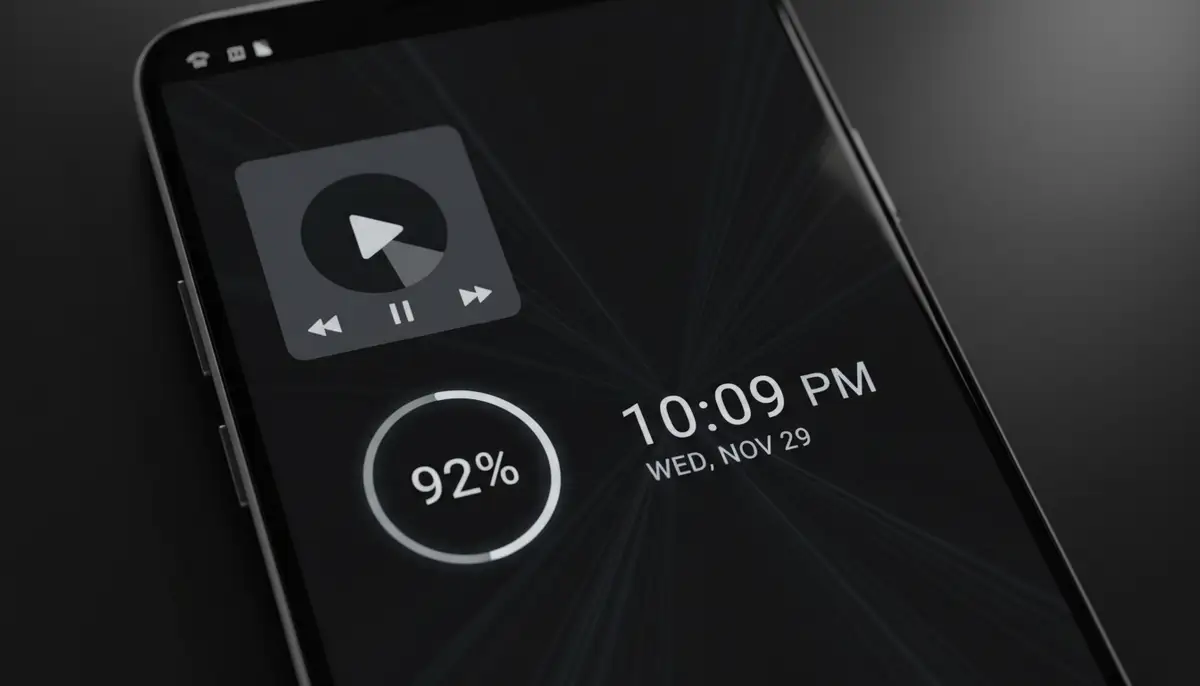 An Android phone screen displaying a dark mode aesthetic, with sleek, black-and-white widgets for music control, battery, and a minimalist digital clock, set against a dark wallpaper., high-quality photography, professional lighting, sharp focus, realistic, detailed