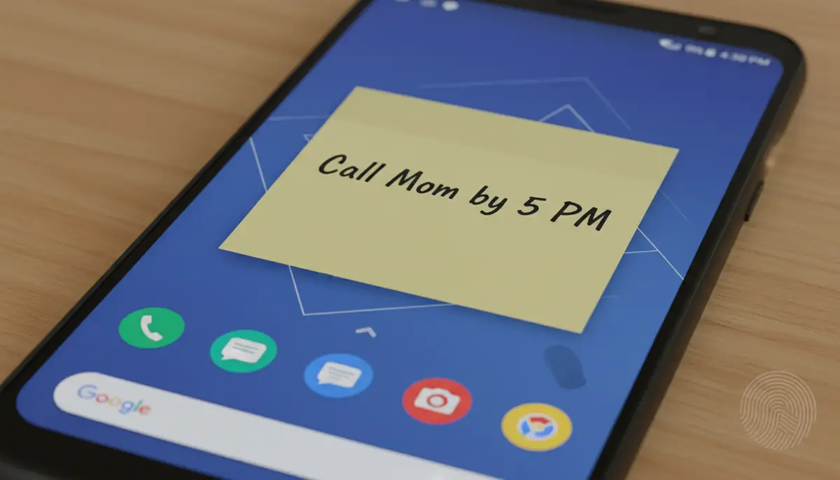 An Android phone screen showing a clean home screen with a single, prominent sticky note widget displaying a simple reminder, 'Call Mom by 5 PM'., high-quality photography, professional lighting, sharp focus, realistic, detailed