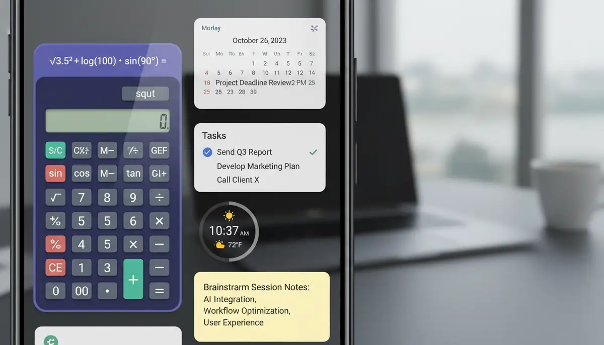 An Android phone screen showing a scientific calculator widget alongside other productivity widgets, illustrating multitasking and efficiency, organized and functional layout., high-quality photography, professional lighting, sharp focus, realistic, detailed
