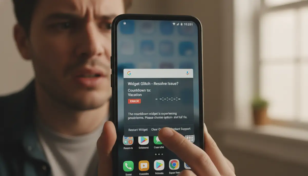 An Android phone screen showing a troubleshooting prompt for a countdown widget, with a user looking puzzled but determined to fix it., high-quality photography, professional lighting, sharp focus, realistic, detailed