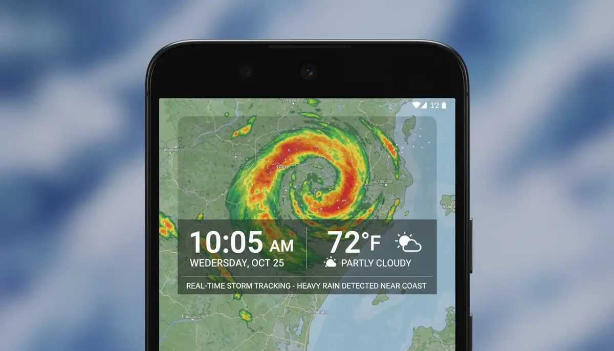 An Android phone screen showing a weather radar animation within a time and weather widget, indicating real-time storm tracking., high-quality photography, professional lighting, sharp focus, realistic, detailed
