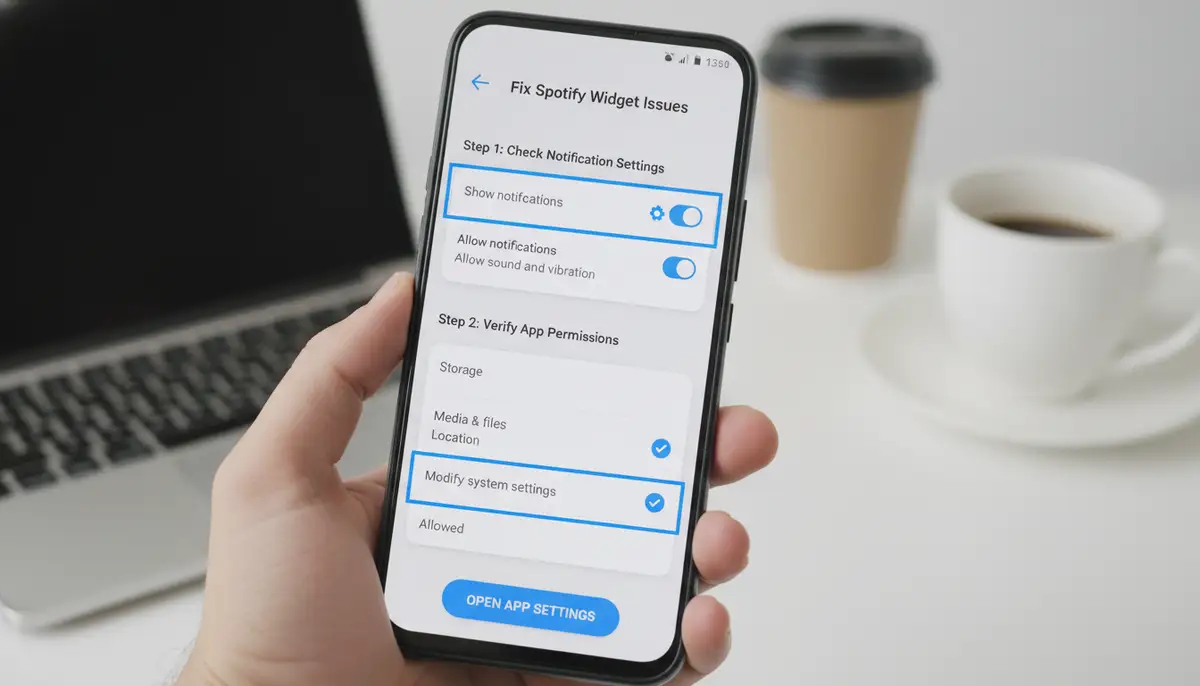 An Android phone screen showing troubleshooting steps for a Spotify widget, with notification settings and app permissions highlighted, in a user-friendly interface., high-quality photography, professional lighting, sharp focus, realistic, detailed