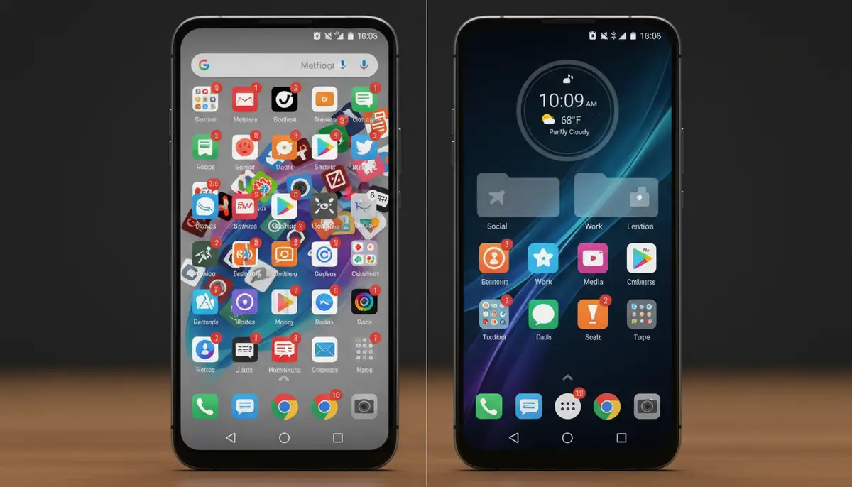 An Android phone screen split into two, one side showing a cluttered home screen without a widget, and the other side showing an organized home screen with a clear, functional time and weather widget, highlighting the benefit of organization., high-quality photography, professional lighting, sharp focus, realistic, detailed