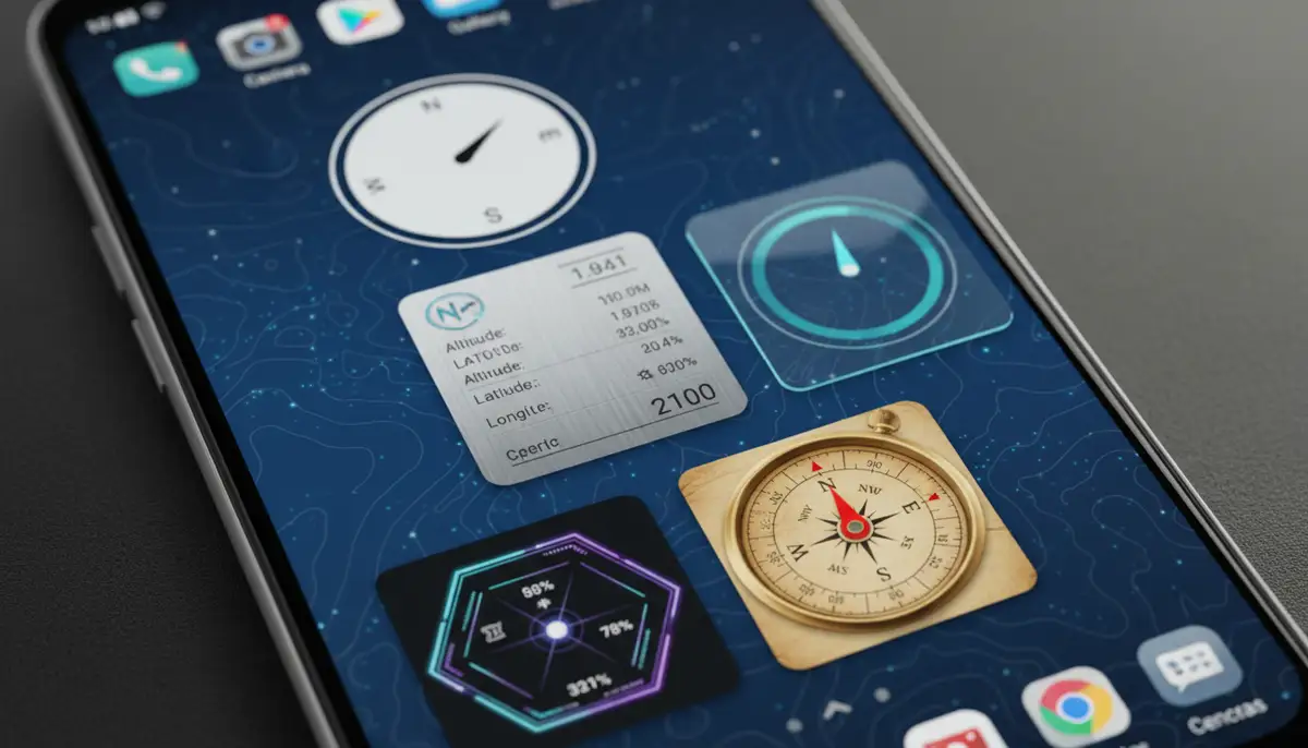 An Android phone's home screen showcasing several different styles of compass widgets, from minimalist to data-rich, demonstrating customization options., high-quality photography, professional lighting, sharp focus, realistic, detailed