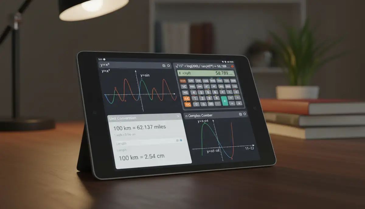 An Android tablet displaying multiple scientific calculator widgets, demonstrating advanced functions like graphing and unit conversion, in a study or office setting., high-quality photography, professional lighting, sharp focus, realistic, detailed
