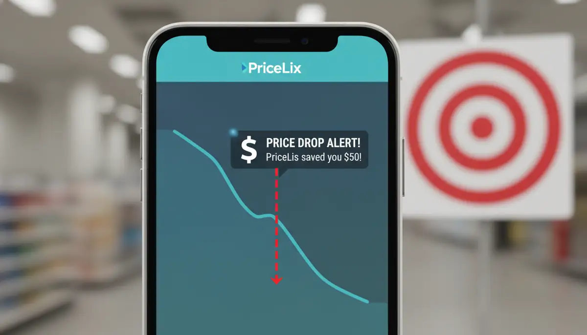 An animated graphic showing a price tracking chart with a clear price drop notification, illustrating how a price tracking app like PriceLix helps users save money, with a Target logo subtly in the background., high-quality photography, professional lighting, sharp focus, realistic, detailed