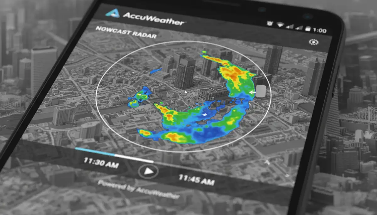 An animated radar map displayed on an AccuWeather Android widget, showing rain moving across a city, with clear, dynamic visuals., high-quality photography, professional lighting, sharp focus, realistic, detailed