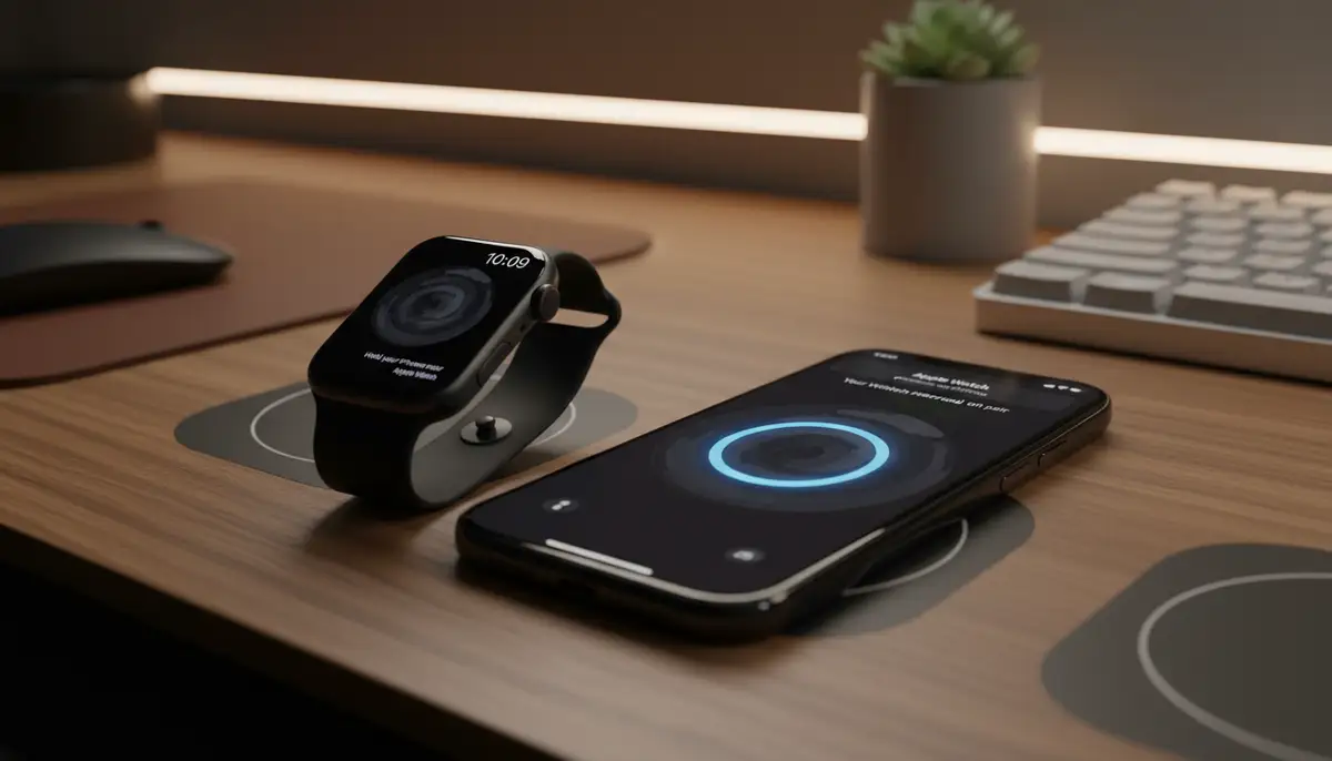 An Apple Watch and an iPhone side-by-side on a modern desk, displaying the pairing process and synchronized time on their screens., high-quality photography, professional lighting, sharp focus, realistic, detailed