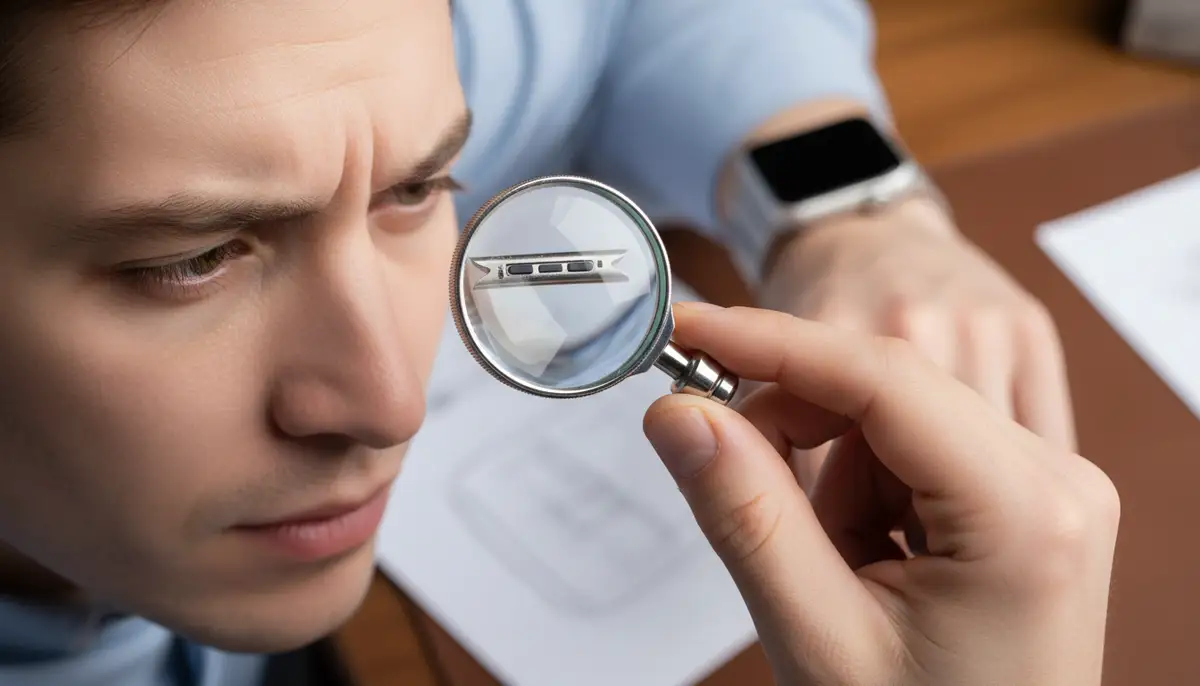 An Apple Watch user examining a band connector for subtle signs of poor craftsmanship, with a magnifying glass to emphasize detail., high-quality photography, professional lighting, sharp focus, realistic, detailed
