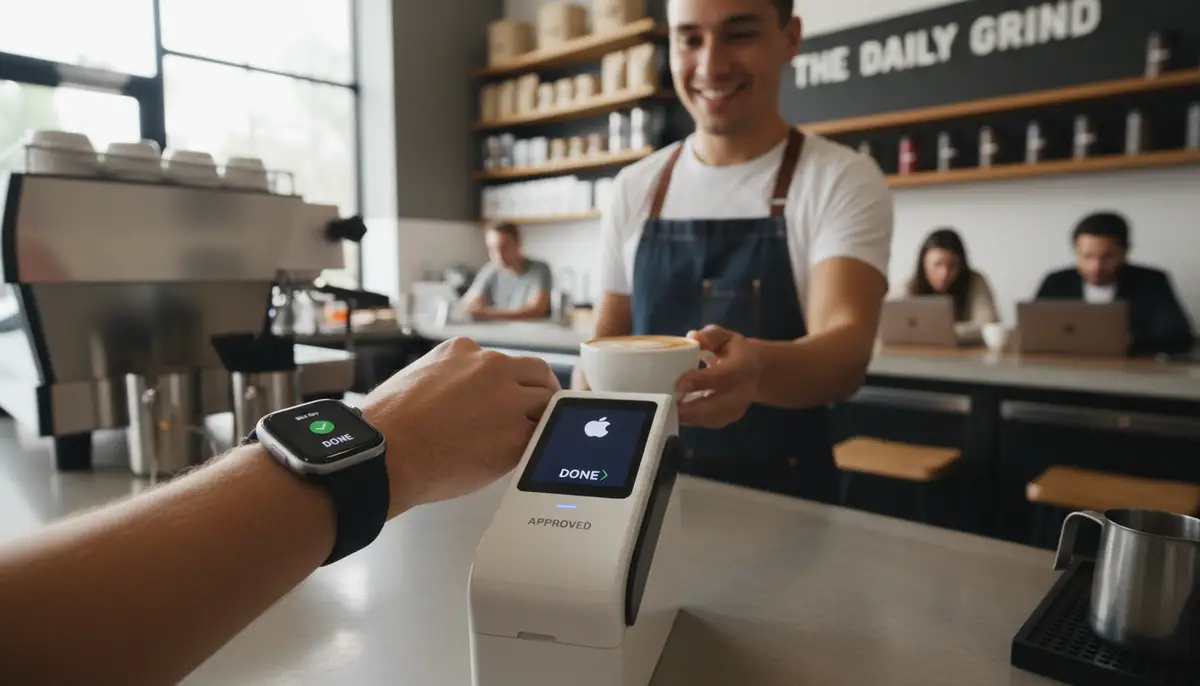 An Apple Watch user making a contactless payment at a coffee shop, highlighting convenience and speed, in a modern setting., high-quality photography, professional lighting, sharp focus, realistic, detailed