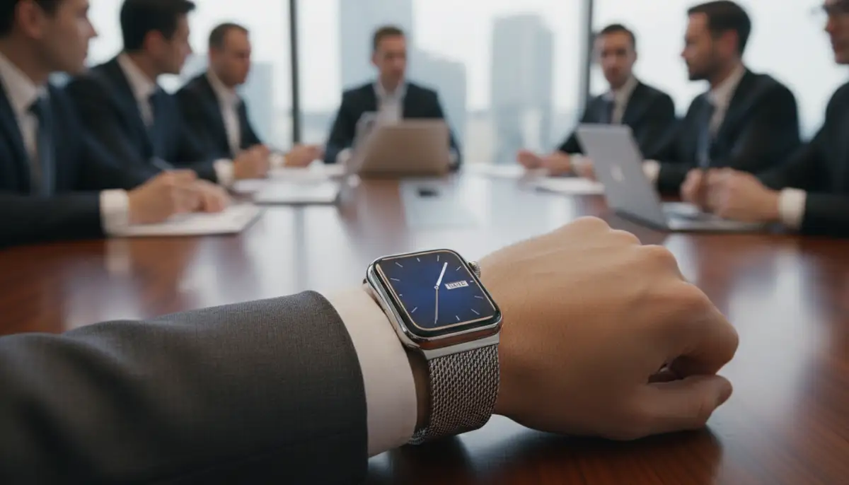 An Apple Watch with a Milanese band being worn during a business meeting, showcasing its elegant and professional appearance in a corporate setting., high-quality photography, professional lighting, sharp focus, realistic, detailed