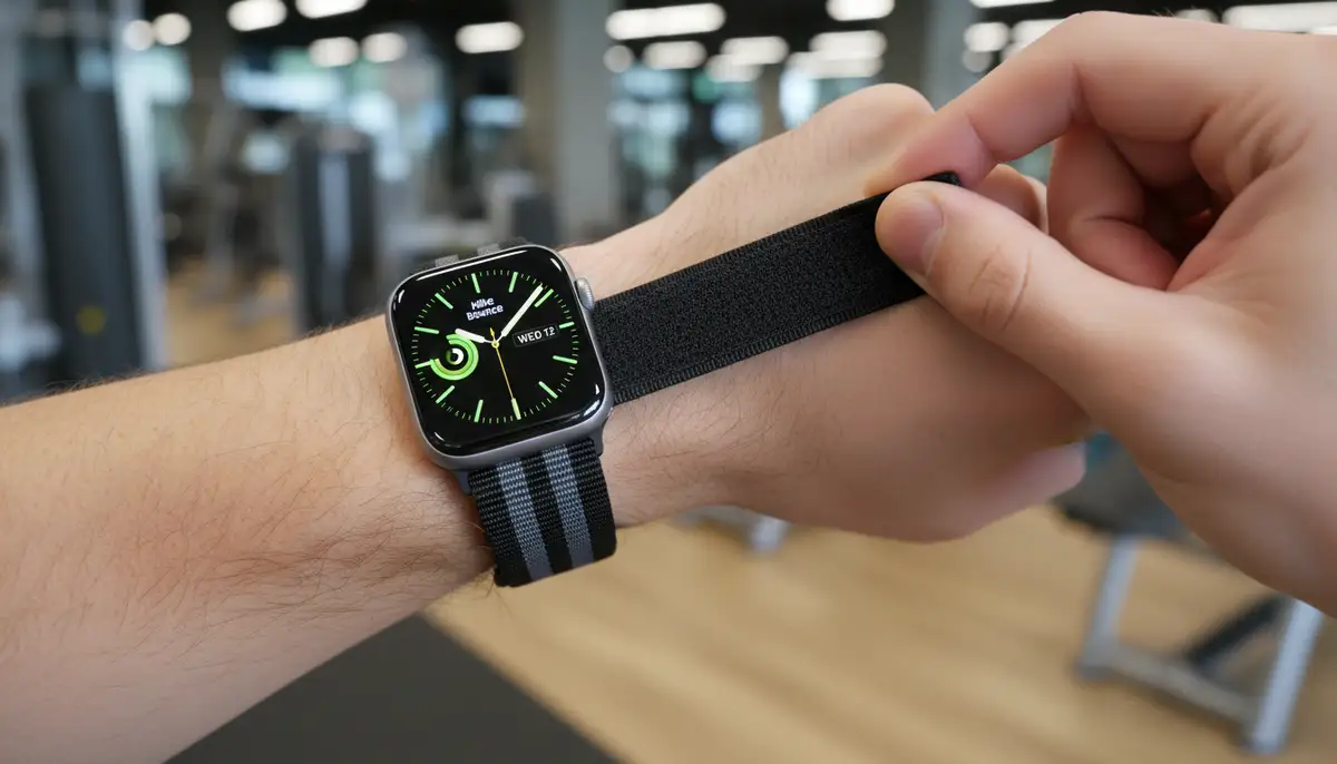 An Apple Watch with a Nike Sport Loop on a user's wrist, showing the adjustable hook-and-loop fastener in action., high-quality photography, professional lighting, sharp focus, realistic, detailed
