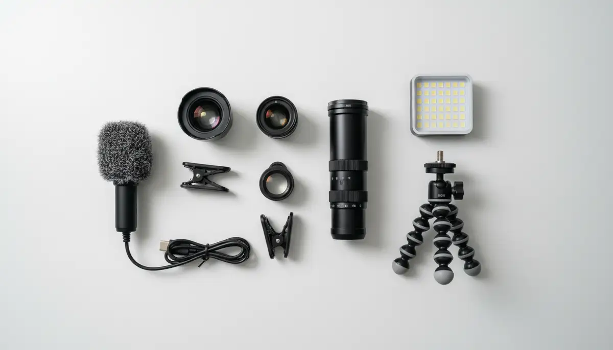 An array of various Android camera attachments laid out on a clean white surface: clip-on lenses (wide, macro, telephoto), a small LED light, a tripod, and an external microphone., high-quality photography, professional lighting, sharp focus, realistic, detailed