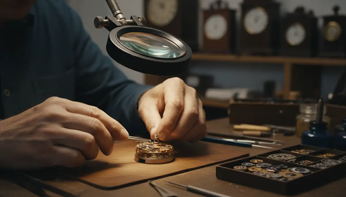 An artisan's hands carefully assembling the intricate gears and springs of a mechanical watch movement under a magnifying glass., high-quality photography, professional lighting, sharp focus, realistic, detailed