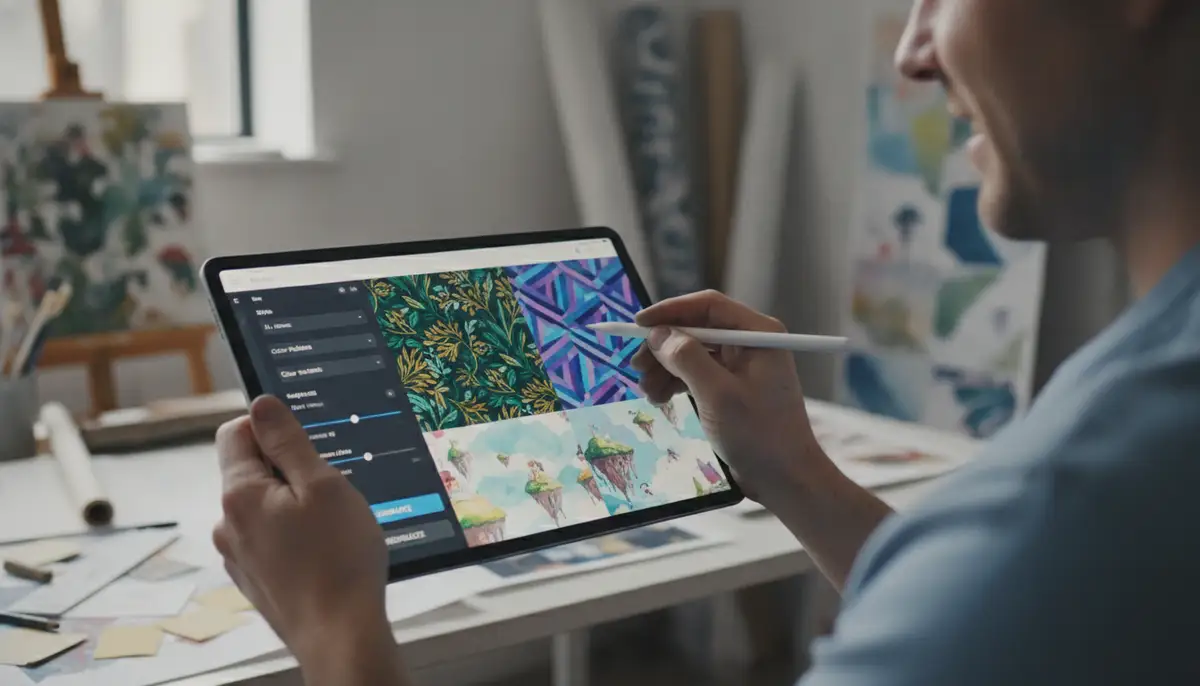 An artist using an AI-powered tool on a tablet to generate unique, personalized wallpaper designs, with various creative concepts appearing on the screen., high-quality photography, professional lighting, sharp focus, realistic, detailed