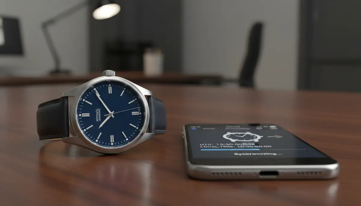 An automatic watch displayed next to a smartphone showing a time synchronization app, illustrating the process of setting accurate time., high-quality photography, professional lighting, sharp focus, realistic, detailed