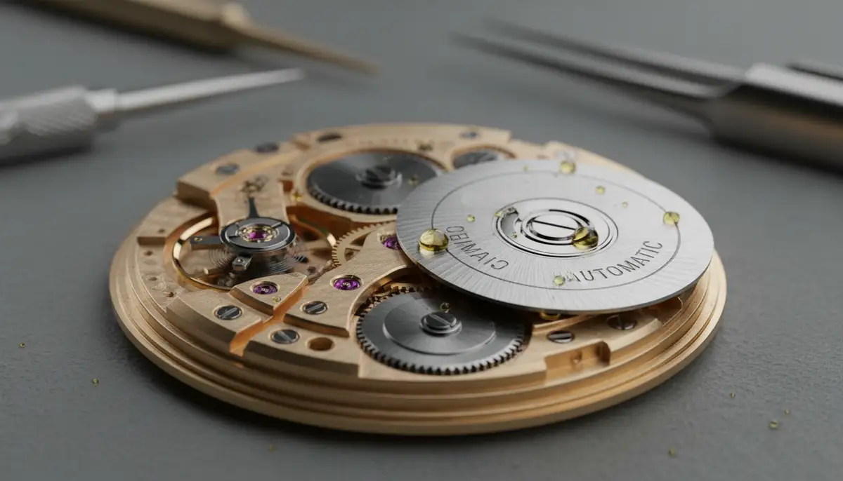 An automatic watch movement, fully lubricated, with tiny drops of oil visible on the jewels and pivots, ready for reassembly., high-quality photography, professional lighting, sharp focus, realistic, detailed