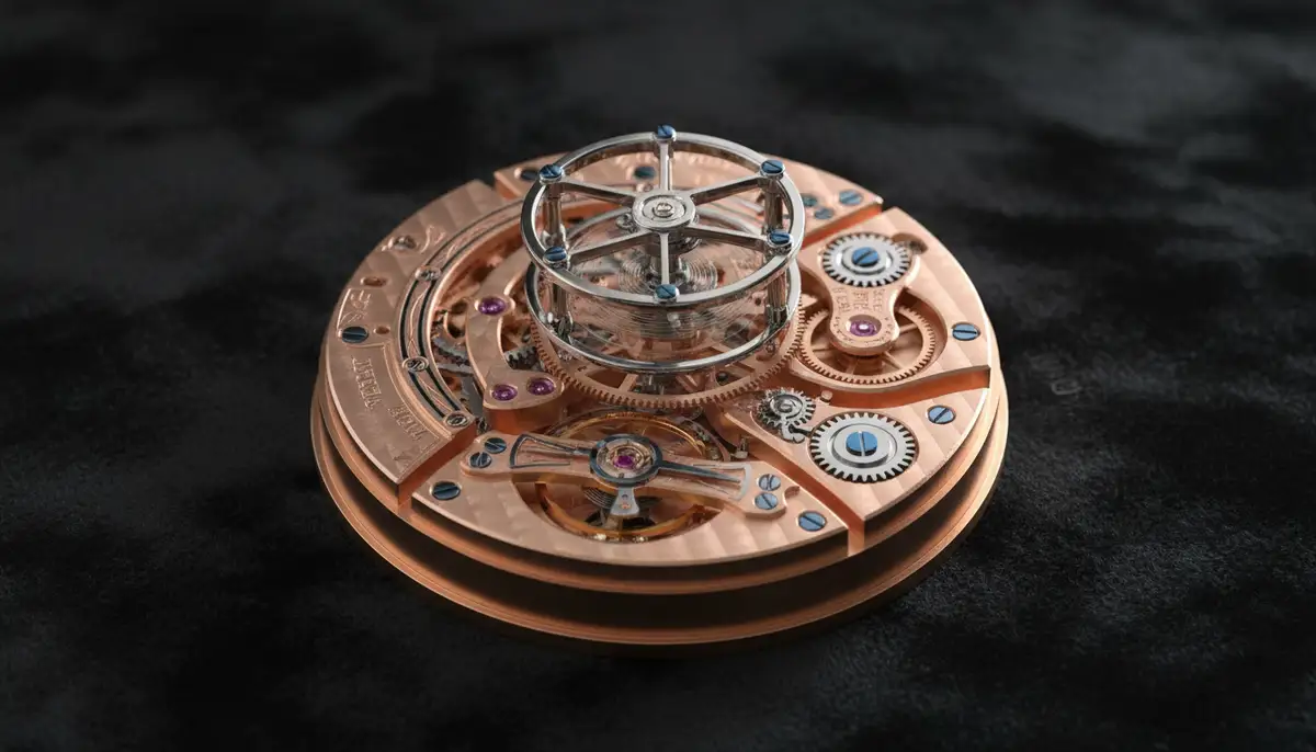 An elegant, complex tourbillon watch movement, showcasing its mesmerizing rotation and fine craftsmanship against a dark, luxurious background., high-quality photography, professional lighting, sharp focus, realistic, detailed