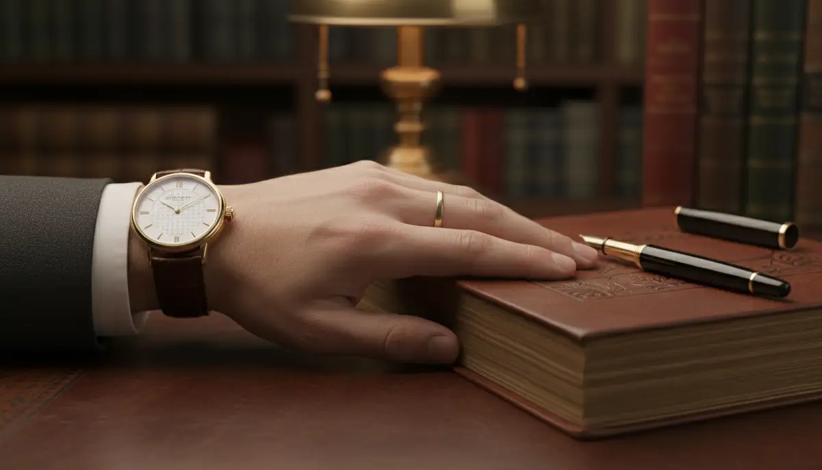 An elegant hand wearing the Joseph Bulova Collection First Edition 24-Karat Gold Watch, resting on a vintage desk with a leather-bound book and a fountain pen, conveying luxury and heritage., high-quality photography, professional lighting, sharp focus, realistic, detailed