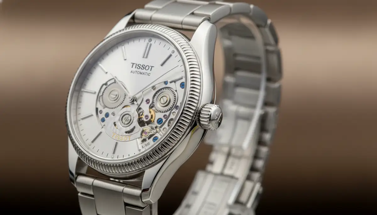 An elegant Tissot automatic watch on a stand, with its movement visible through a sapphire case back, highlighting the intricate mechanics., high-quality photography, professional lighting, sharp focus, realistic, detailed