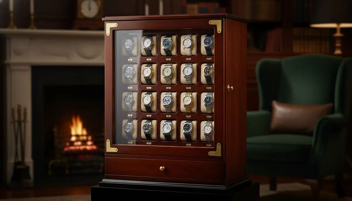 An elegant watch winder cabinet displaying several automatic watches, with a soft, luxurious background., high-quality photography, professional lighting, sharp focus, realistic, detailed