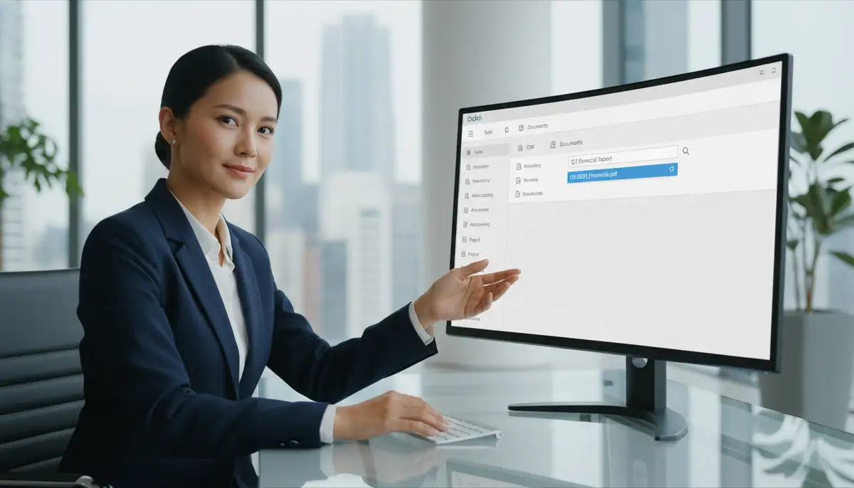 An executive confidently navigating a clean, intuitive Odoo interface on a large monitor, easily locating a critical business document with a few clicks.
