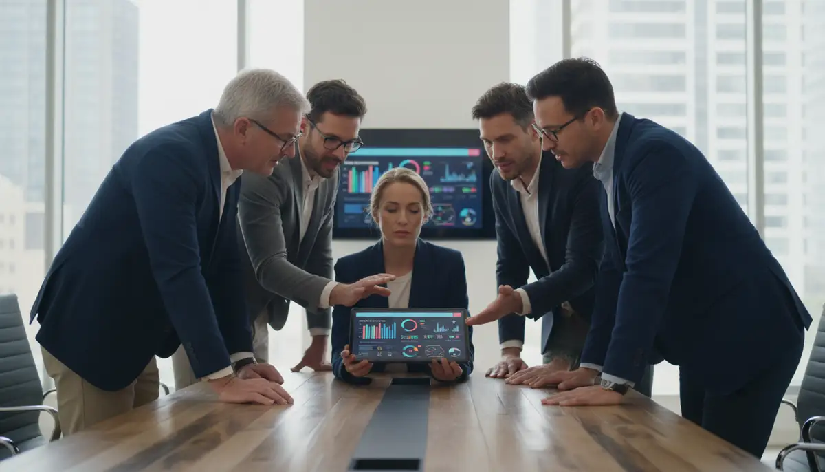 An executive team in a modern office collaborating around a table, looking at a tablet displaying a dashboard, symbolizing the agility and accessibility of SaaS.