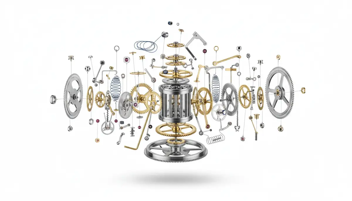 An exploded diagram showing the internal mechanisms of a complex mechanical chronograph movement, highlighting gears, springs, and levers in a technical, clean style., high-quality photography, professional lighting, sharp focus, realistic, detailed