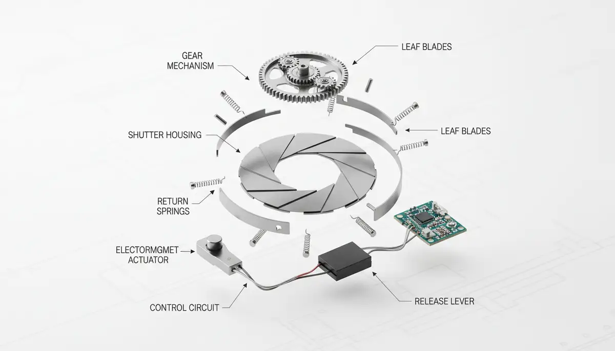 An exploded view diagram of a camera's shutter mechanism, highlighting the moving parts, with a clean, technical aesthetic., high-quality photography, professional lighting, sharp focus, realistic, detailed
