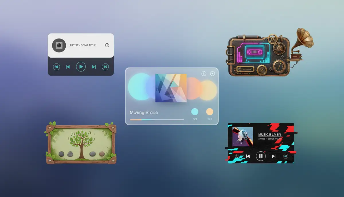 An illustration depicting various styles of music widgets on an Android home screen, from minimalist to elaborate, showcasing different themes and color palettes., high-quality photography, professional lighting, sharp focus, realistic, detailed