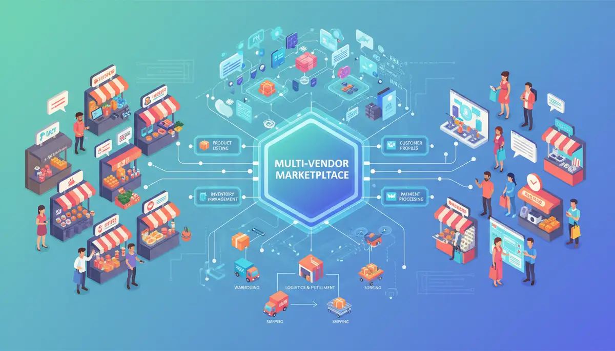 An illustration of a complex ecosystem of vendors, customers, and logistics connecting seamlessly through a digital platform, representing a multi-vendor marketplace.