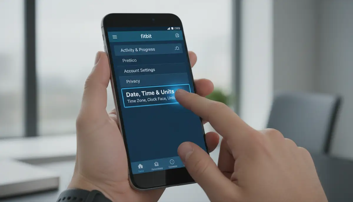 An illustration of a hand tapping through the Fitbit app settings on a smartphone, specifically highlighting the 'Date, Time & Units' section., high-quality photography, professional lighting, sharp focus, realistic, detailed