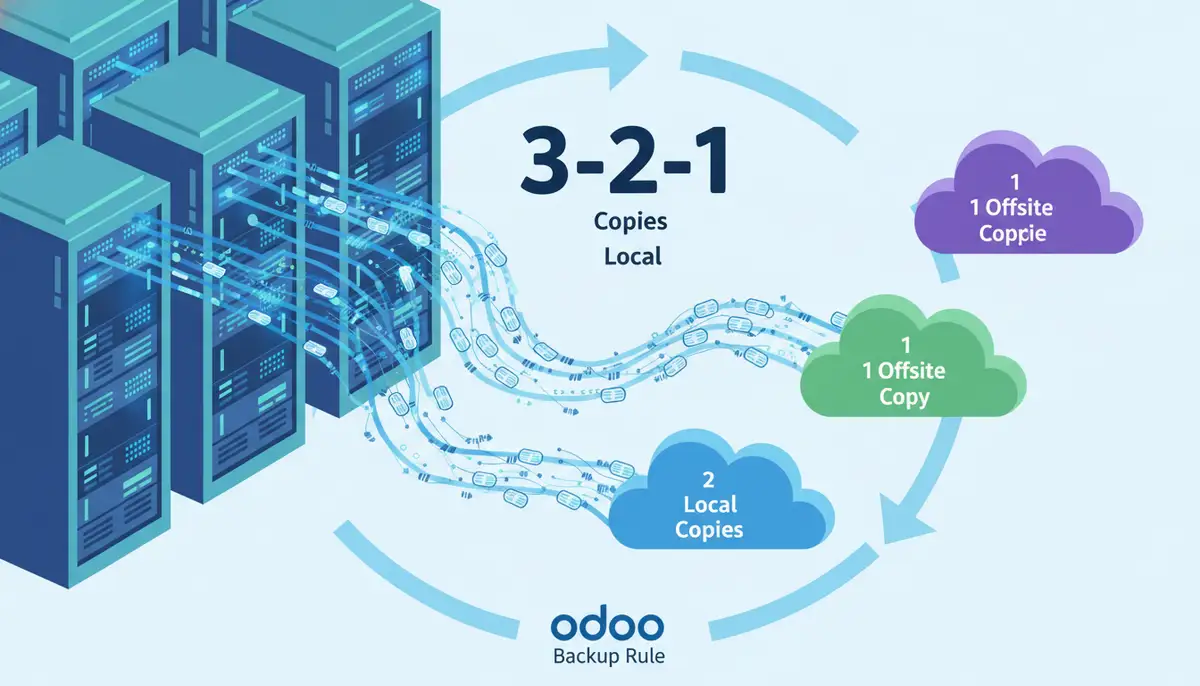 An illustration of a server room with data flowing into multiple cloud icons, symbolizing the 3-2-1 backup rule for Odoo.