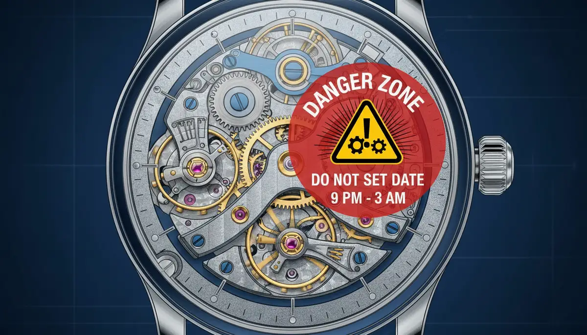 An illustration showing the internal gears of a mechanical watch, highlighting the 'danger zone' for date setting, with a clear warning symbol., high-quality photography, professional lighting, sharp focus, realistic, detailed