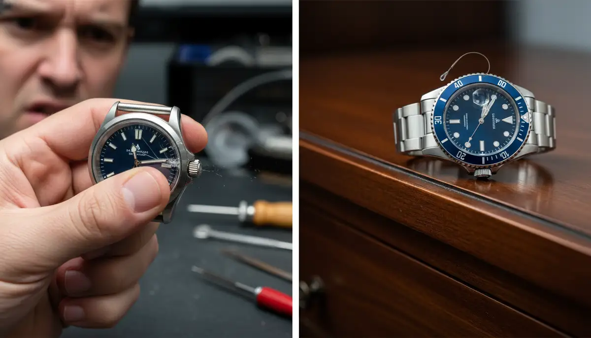 An image depicting common watch adjustment mistakes, such as a hand forcefully turning a watch crown or a watch on a dresser with its crown unscrewed in a precarious position., high-quality photography, professional lighting, sharp focus, realistic, detailed