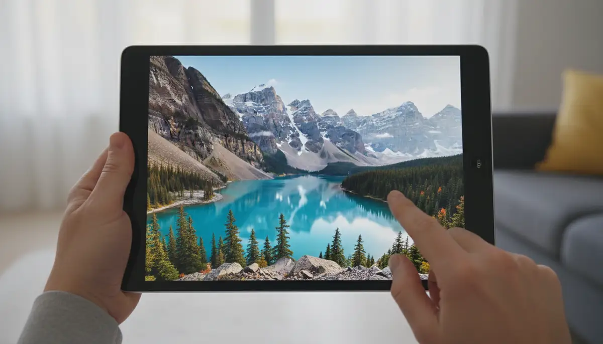 An immersive 360-degree photo of a serene mountain landscape displayed on an Android tablet screen, with a finger swiping to explore the view., high-quality photography, professional lighting, sharp focus, realistic, detailed