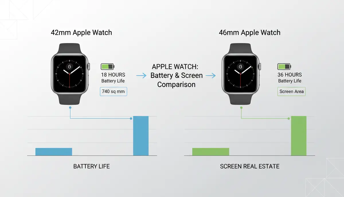 An infographic comparing battery life and screen real estate between the 42mm and 46mm Apple Watch models, with modern, clean design elements., high-quality photography, professional lighting, sharp focus, realistic, detailed