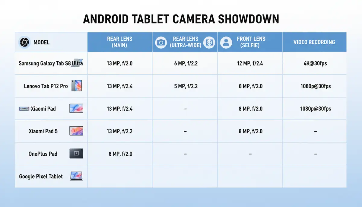 An infographic comparing key camera specifications of different Android tablets, presented clearly and visually appealingly., high-quality photography, professional lighting, sharp focus, realistic, detailed