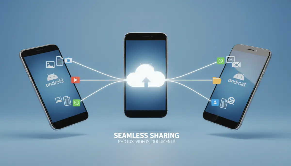 An infographic illustrating different types of files (photos, videos, documents) being shared seamlessly between multiple Android smartphones via a cloud icon., high-quality photography, professional lighting, sharp focus, realistic, detailed