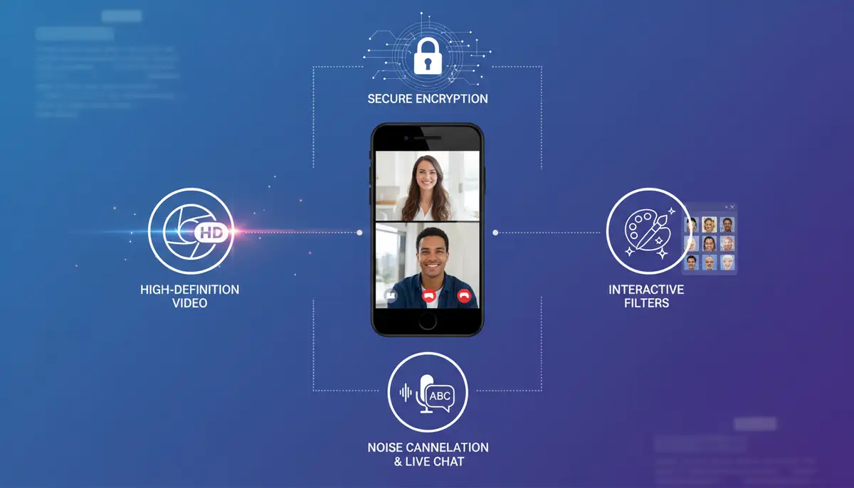 An infographic illustrating key features of a 1v1 video call app, such as secure encryption, high-definition video, and interactive filters, with icons representing each feature., high-quality photography, professional lighting, sharp focus, realistic, detailed