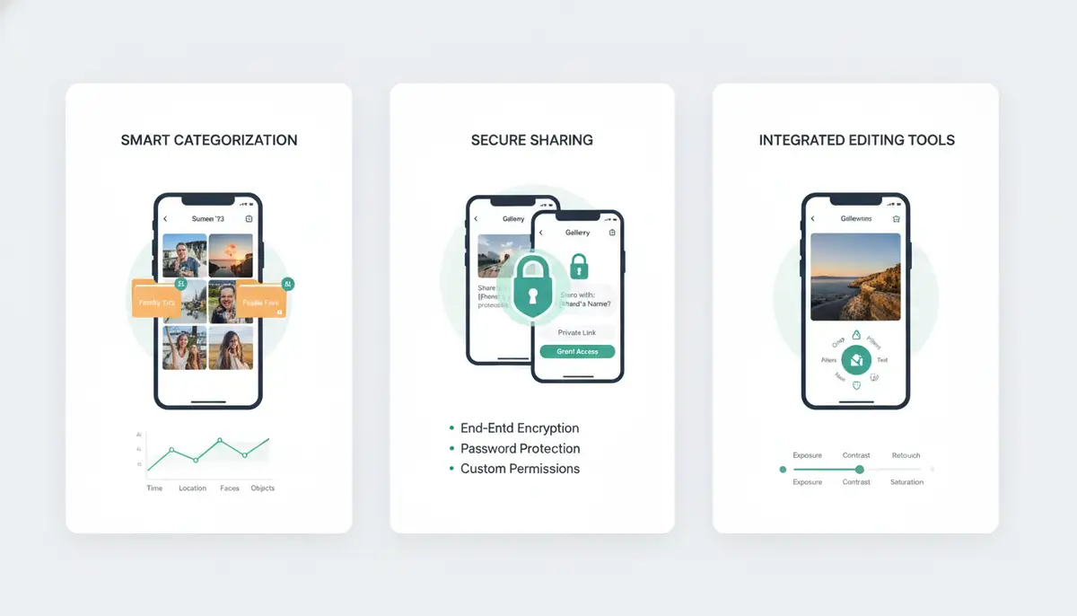 An infographic illustrating key features of a modern photo album app: smart categorization, secure sharing, and integrated editing tools., high-quality photography, professional lighting, sharp focus, realistic, detailed