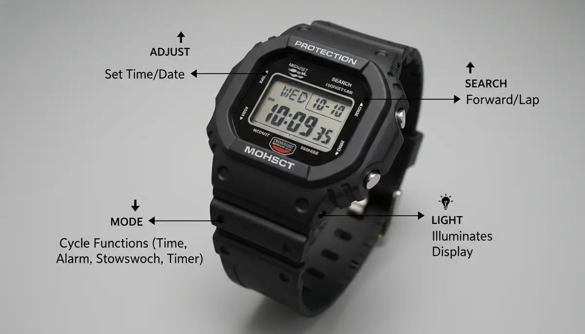 An infographic illustrating the common button layout (Mode, Adjust, Search, Light) on a generic digital Casio watch, with arrows indicating functions., high-quality photography, professional lighting, sharp focus, realistic, detailed