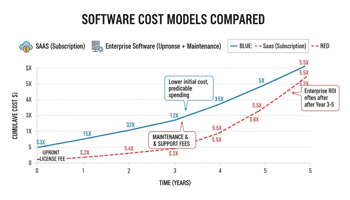 An infographic illustrating the cost models of SaaS (subscription) versus enterprise software (upfront license + maintenance) over time.