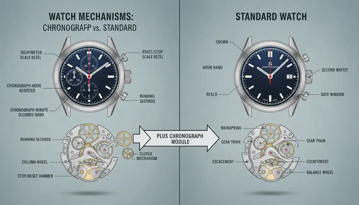 An infographic illustrating the difference between a chronograph and a standard watch, highlighting the additional functions and components., high-quality photography, professional lighting, sharp focus, realistic, detailed
