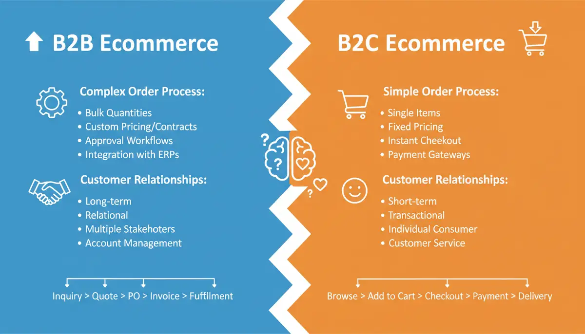 An infographic illustrating the differences between B2B and B2C eCommerce, highlighting complex order processes and customer relationships.