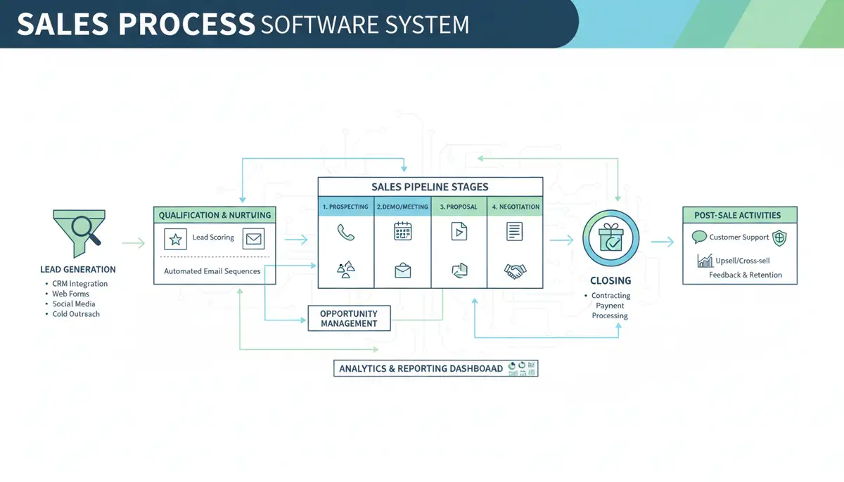An infographic illustrating the flow of a sales process, from lead generation to closing, managed by a sophisticated software system.